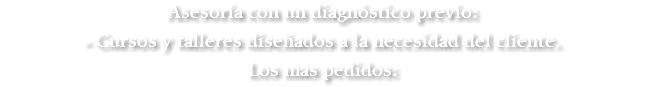 Asesoría con un diagnóstico previo: - Cursos y talleres diseñados a la necesidad del cliente. Los mas pedidos: