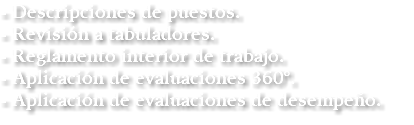 - Descripciones de puestos. - Revisión a tabuladores. - Reglamento interior de trabajo. - Aplicación de evaluaciones 360°. - Aplicación de evaluaciones de desempeño.