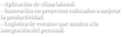 - Aplicación de clima laboral. - Innovación en proyectos enfocados a mejorar la productividad. - Logística de eventos que ayuden a la integración del personal.